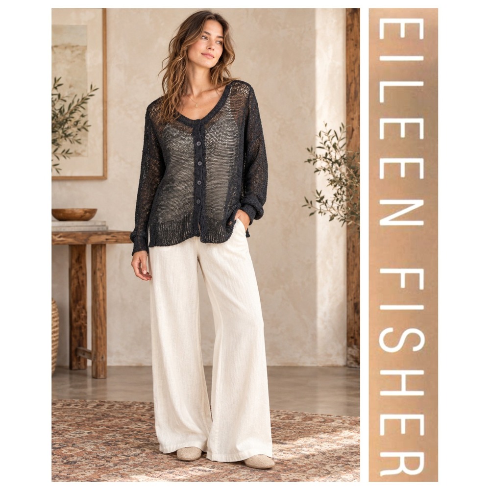Eileen Fisher Black Linen Blend Crochet Open Knit Beach Coastal Cardigan S